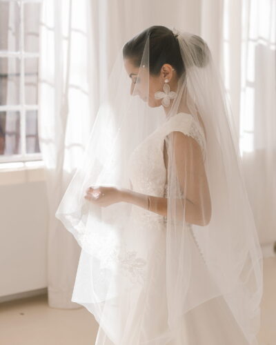 Juliette Wedding Veil with Lace Appliqué & Crystal Raindrops