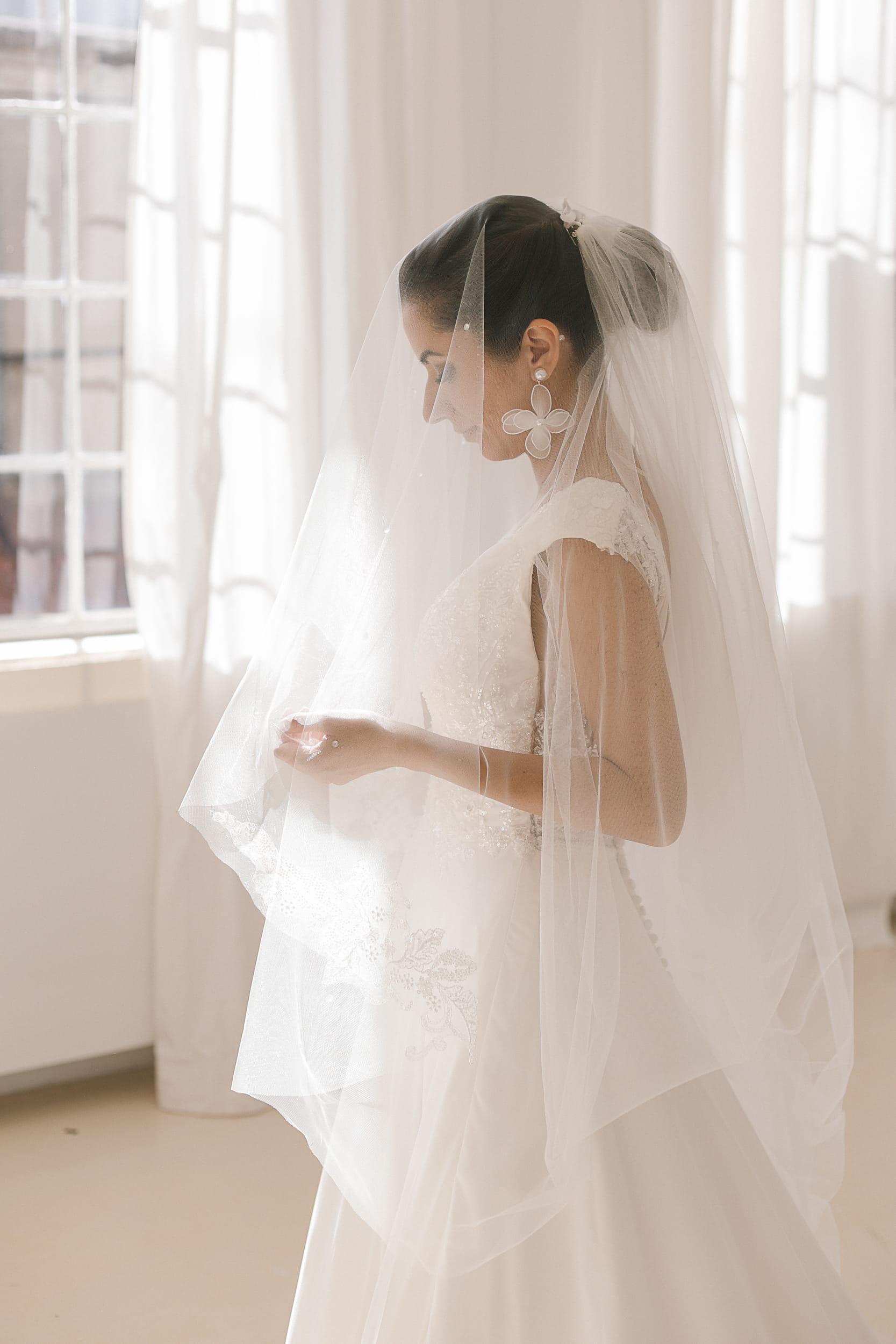 Juliette Wedding Veil with Lace Appliqué & Crystal Raindrops