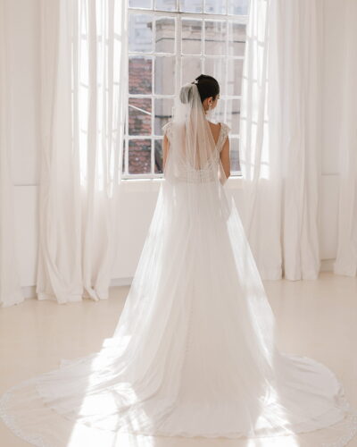 Josephine - long veil with a band full of sequins and beads, transparent crystals and Swarovski crystal beads