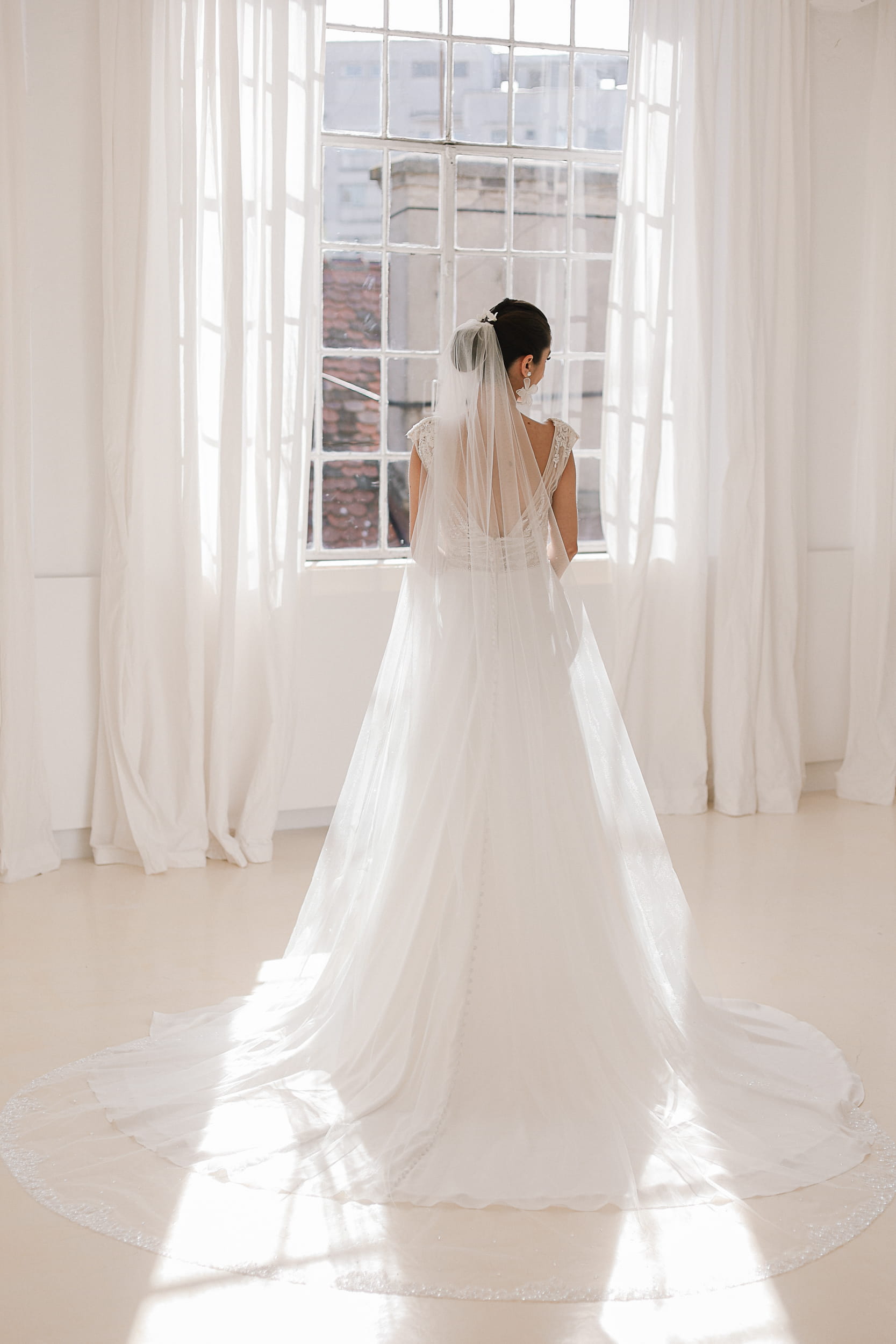 Josephine - long veil with a band full of sequins and beads, transparent crystals and Swarovski crystal beads